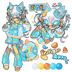 Rule 34 | 1other, animal ears, blue eyes, bomal1215, character sheet, chibi, chibi inset, color guide, colored skin, cyber fashion, emoji, english text, fish, food, fruit, frutiger aero, full body, highres, hood, hood down, hooded jacket, jacket, leg warmers, lizard tail, orange (fruit), original, shorts, standing, tail, translucent ears, translucent tail, transparent, water, white background, white hair, white skin