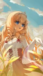 1girl amagi_brilliant_park blonde_hair blue_eyes blue_sky cross cross_necklace dress drill_hair drill_sidelocks elbow_gloves eyelashes gloves highres jewelry latifa_fleuranza long_hair necklace open_mouth outdoors pink_dress sidelocks sky solo tiara white_gloves yue_kan_shao_nian_fa_fa