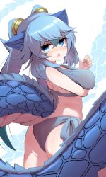 Rule 34 | 1girl, arm under breasts, ass, bikini, blue eyes, blue hair, blush, breast hold, breasts, dragon tail, fang, grey bikini, highres, karekusa meronu, kemono friends, large breasts, long hair, looking at viewer, open mouth, seiryuu (kemono friends), skin fang, solo, sweat, swimsuit, tail, triangle mouth, twintails