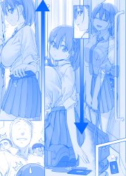 Rule 34 | 1girl, :d, ^^^, ^ ^, against glass, ai-chan (tawawa), bag, blue theme, braid, breast press, breasts, cellphone, closed eyes, comic, commentary request, closed eyes, getsuyoubi no tawawa, hair between eyes, hair ornament, himura kiseki, huge breasts, loafers, monochrome, necktie, open mouth, phone, pleated skirt, school bag, school uniform, shoes, short hair, side braid, silent comic, silhouette, skirt, sleeves rolled up, smartphone, smile, socks, squatting, sweatdrop, train interior