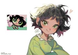 Rule 34 | 1girl, artist name, black hair, buttercup (ppg), buttercup redraw challenge (meme), derivative work, green eyes, green pajamas, heart, highres, looking at viewer, meme, messy hair, mochi mun, pajamas, powerpuff girls, reference inset, screenshot inset, screenshot redraw, shadow, simple background, smile, solo, white background