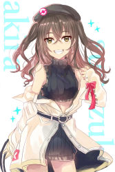 Rule 34 | 1girl, :d, bare shoulders, belt, beret, black hat, black sweater, blush, breasts, brown eyes, brown hair, buttons, character name, commentary request, cowboy shot, crop top, earrings, grin, hair between eyes, hand up, hat, head tilt, highres, idolmaster, idolmaster cinderella girls, jacket, jewelry, legs apart, long hair, long sleeves, looking at viewer, midriff, mole, mole under eye, off shoulder, open clothes, open jacket, open mouth, red ribbon, ribbed sweater, ribbon, sefira, sharp teeth, sidelocks, sketch, sleeveless, sleeveless turtleneck, sleeves past wrists, small breasts, smile, solo, standing, sunazuka akira, sweater, teeth, turtleneck, two side up, wavy hair, white background, white jacket