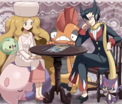 Rule 34 | 10s, 1boy, 1girl, black hair, blonde hair, blue eyes, caitlin (pokemon), chair, creatures (company), crossed legs, duosion, elite four, formal, game freak, gen 5 pokemon, green eyes, grimsley (pokemon), hat, head rest, lace, lace background, long hair, musharna, nintendo, no socks, pokemoa, pokemon, pokemon (creature), pokemon bw, purrloin, scarf, scrafty, sitting, solosis, table, tears, very long hair, wavy hair