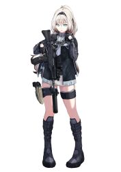 1girl absurdres an-94 an-94_(girls&#039;_frontline) an-94_(mod3)_(girls&#039;_frontline) aqua_eyes assault_rifle black_footwear black_gloves black_hairband blonde_hair boots clov3r commentary english_commentary full_body girls&#039;_frontline gloves gun hairband handgun highres holding holding_gun holding_weapon holster holstered knee_boots mp-443_grach ponytail rifle simple_background solo standing suppressor thigh_holster triangle_mouth weapon white_background