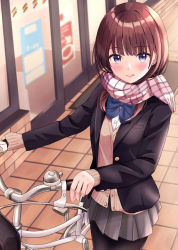 Rule 34 | 1girl, :q, bicycle, black jacket, black pantyhose, blazer, blue bow, blush, bow, brown cardigan, brown hair, building, cardigan, closed mouth, commentary request, day, dress shirt, enpera, fringe trim, grey skirt, highres, jacket, long sleeves, looking at viewer, open clothes, open jacket, original, outdoors, pantyhose, pink scarf, plaid, plaid scarf, pleated skirt, purple eyes, scarf, school uniform, shirt, skirt, sleeves past wrists, smile, solo, standing, tongue, tongue out, walking bike, white shirt, yukimaru217