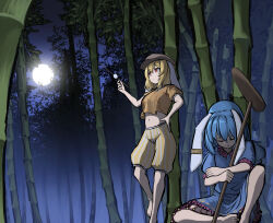 Rule 34 | 2girls, absurdres, allcy49, animal ears, bamboo, bamboo forest, barefoot, blonde hair, blue dress, blue hair, closed eyes, crop top, dango, dress, earclip, food, forest, hand on own hip, hat, head down, highres, holding, holding food, holding mallet, holding weapon, kine, mallet, medium hair, moon, multiple girls, nature, navel, night, night sky, orange shirt, patterned clothing, rabbit ears, red eyes, ringo (touhou), seiran (touhou), shirt, short hair, shorts, sitting, sky, standing, striped clothes, striped shorts, touhou, wagashi, weapon, yellow shorts