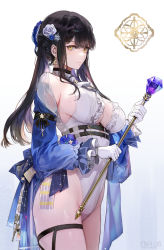 Rule 34 | 1girl, belt, black belt, black choker, black hair, breasts, choker, closed mouth, cowboy shot, crescent, crescent earrings, earrings, flower, from side, gloves, hair flower, hair ornament, high belt, highres, holding, holding staff, jewelry, kim eb, large breasts, leotard, long hair, long sleeves, looking at viewer, mole, mole on breast, original, sideboob, solo, staff, standing, thigh strap, white background, white footwear, white gloves, white leotard, yellow eyes