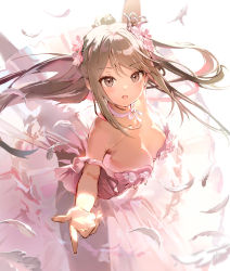 Rule 34 | 1girl, :o, anmi, ballerina, ballet, breasts, brown hair, character request, choker, cleavage, copyright request, crown, dress, falling feathers, feathers, floating hair, flower, hair flower, hair ornament, highres, large breasts, leg up, looking at viewer, mini crown, outstretched arm, pink choker, pink dress, reaching, reaching towards viewer, see-through silhouette, simple background, solo