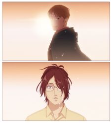 Rule 34 | 1boy, 1other, backlighting, brown eyes, brown hair, cloak, collared shirt, comic, commentary, crying, glasses, green cloak, hair over one eye, hange zoe, hanpetos, moblit berner, open mouth, ponytail, shingeki no kyojin, shirt, silent comic, streaming tears, tears