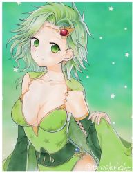 Rule 34 | 1girl, border, breasts, cape, circlet, cleavage, closed mouth, collarbone, detached sleeves, earrings, final fantasy, final fantasy iv, green cape, green eyes, green hair, green leotard, green theme, hair intakes, hair ornament, highres, jewelry, leotard, long sleeves, marker (medium), medium breasts, medium hair, rydia (ff4), smile, solo, star (symbol), star earrings, star hair ornament, star print, starry background, tanzaku kishi, traditional media, twitter username, white border