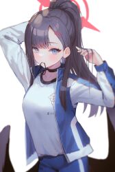 Rule 34 | 1girl, adjusting hair, black choker, black hair, black wings, blue archive, blue eyes, choker, closed mouth, cowboy shot, gym shirt, halo, hanato (seonoaiko), highres, ichika (blue archive), jacket, long hair, looking at viewer, low wings, open clothes, open jacket, red halo, shirt, simple background, solo, track jacket, white background, white shirt, wings