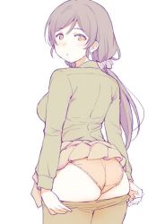 Rule 34 | 1girl, ass, black pantyhose, blush, breasts, clothes lift, clothes pull, duke (inu daimyou), green shirt, hair ornament, hair scrunchie, large breasts, long hair, long sleeves, looking at viewer, looking back, love live!, love live! school idol project, muted color, panties, pantyhose, pantyhose pull, pleated skirt, purple hair, purple scrunchie, scrunchie, shirt, simple background, skirt, skirt lift, solo, standing, tojo nozomi, twintails, underwear, white background