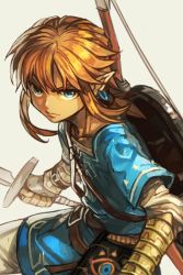 Rule 34 | 1boy, blonde hair, blue eyes, bow (weapon), closed mouth, earrings, grey background, holding, holding sword, holding weapon, hungry clicker, jewelry, link, looking at viewer, male focus, nintendo, pointy ears, serious, sidelocks, simple background, solo, strap, sword, the legend of zelda, the legend of zelda: breath of the wild, weapon