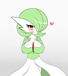 Rule 34 | 1girl, blush, breast suppress, breasts, creatures (company), game freak, gardevoir, gen 3 pokemon, gradient background, grey background, heart, large breasts, looking at viewer, nintendo, pokemon, pokemon (creature), red eyes, solo, white background