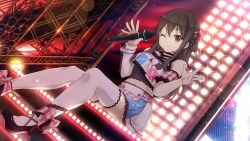 Rule 34 | 1girl, 22/7, 22/7 ongaku no jikan, asymmetrical sleeves, braid, braided hair rings, brown eyes, brown hair, closed mouth, concert, dutch angle, foot out of frame, game cg, hair between eyes, hair ribbon, hands up, highres, holding, holding microphone, idol, lens flare, light particles, long hair, looking at viewer, microphone, multicolored clothes, multicolored skirt, navel, non-web source, official art, one eye closed, pleated skirt, ribbon, screen zoom, sidelocks, sitting, sitting on stairs, skirt, solo, sparkle, stage lights, stairs, tachikawa ayaka, thighhighs, twin braids, white thighhighs