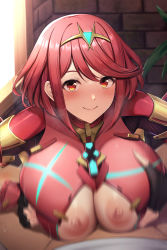 Rule 34 | 1boy, 1girl, absurdres, black gloves, blush, breasts, breasts squeezed together, chest jewel, closed mouth, earrings, fingerless gloves, gloves, hetero, highres, huge breasts, jewelry, kannko bokujou, looking at viewer, nipples, paizuri, paizuri under clothes, pyra (xenoblade), red eyes, red hair, short hair, sidelocks, smile, swept bangs, tiara, xenoblade chronicles (series), xenoblade chronicles 2
