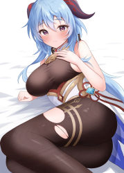 Rule 34 | 1girl, absurdres, ass, bare arms, bell, blue hair, blush, bodystocking, bodysuit, breasts, brown bodysuit, chinese knot, closed mouth, cowbell, detached collar, ganyu (genshin impact), genshin impact, goat horns, gold trim, hand on own chest, highres, horns, large breasts, long hair, looking at viewer, lying, neck bell, on side, onabe no shime, pantyhose, purple eyes, sleeveless, solo, thighs, torn bodysuit, torn clothes, torn pantyhose, vision (genshin impact), wavy mouth