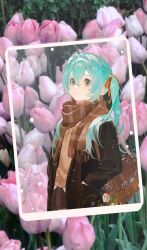 Rule 34 | 1girl, flower, hand in pocket, hatsune miku, highres, neonneon321, photo background, scarf, solo, tulip, vocaloid