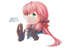Rule 34 | 1girl, akashi (kancolle), gloves, green eyes, kantai collection, looking at viewer, mask, nacht (nacht 01), pink hair, simple background, uniform, white background