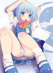 Rule 34 | 1girl, blue dress, blue eyes, blue hair, blue panties, blue skirt, bow, circled 9, cirno, dress, embodiment of scarlet devil, food, hair bow, mary janes, matching hair/eyes, mouth hold, namamo nanase, panties, pantyshot, petticoat, popsicle, shoes, short hair, sitting, skirt, socks, solo, striped clothes, striped panties, touhou, underwear, watermelon bar, white socks, wings