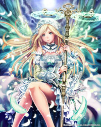 Rule 34 | 1girl, anbe yoshirou, blonde hair, blue eyes, breasts, detached sleeves, feathers, floating hair, highres, holding, holding staff, large breasts, long hair, looking at viewer, magic, magic circle, shinma x keishou! ragnabreak, solo, staff, white feathers