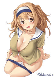 Rule 34 | 1girl, arm support, blue one-piece swimsuit, breasts, brown eyes, cleavage, collarbone, commentary request, ebifurya, from above, hair between eyes, hairband, head tilt, highres, i-26 (kancolle), kantai collection, large breasts, light brown hair, looking at viewer, looking up, one-hour drawing challenge, one-piece swimsuit, open mouth, sailor collar, short sleeves, sitting, solo, swimsuit, unworn swimsuit, thighs, twitter username, two-tone hairband, two side up, white background, zipper