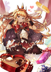 Rule 34 | 10s, 1girl, absurdres, black thighhighs, blonde hair, blue eyes, box, cagliostro (granblue fantasy), gift, gift box, granblue fantasy, hairband, hands in hair, happy valentine, heart, highres, long hair, looking to the side, red skirt, sitting, skirt, smile, solo, thighhighs, valentine, wariza, yurika0207