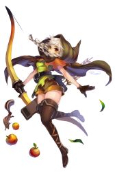 Rule 34 | 1girl, apple, arrow (projectile), artist name, belt, boots, bow (weapon), braid, brown footwear, brown gloves, brown thighhighs, cape, dragon&#039;s crown, elf (dragon&#039;s crown), food, fruit, full body, gloves, highres, hood, knee boots, leaf, leg up, quiver, rrose, solo, squirrel, thighhighs, transparent background, twintails, weapon, white hair