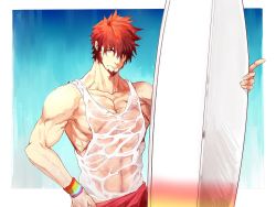 Rule 34 | 1boy, abs, alternate costume, alternate hairstyle, beard, blue eyes, bracelet, brown hair, day, facial hair, fate/grand order, fate (series), holding, holding surfboard, jewelry, long sideburns, looking at viewer, male focus, muscular, napoleon bonaparte (fate), navel, outdoors, pectorals, q307011598, rainbow gradient, scar, simple background, solo, surfboard, swimsuit, tank top, wet, wet clothes, wet hair