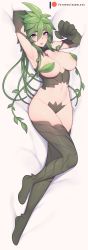 Rule 34 | 1girl, :o, arm behind head, armpits, arms up, bed sheet, blue eyes, breasts, commentary, dakimakura (medium), dryad, english commentary, eyelashes, full body, green hair, groin, hair between eyes, highres, kii (monster musume), large breasts, leaf, long hair, looking at viewer, lying, monster girl, monster musume no iru nichijou, nanoless, navel, open mouth, patreon username, plant girl, plant hair, revealing clothes, short eyebrows, solo, thighhighs, thighs, watermark
