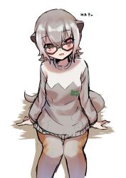 Rule 34 | 1girl, blush, brown pantyhose, commentary request, from above, glasses, grey hair, grey pantyhose, grey sweater, japari symbol, kemono friends, long sleeves, looking at viewer, meerkat (kemono friends), meerkat ears, meerkat tail, mitorizu 02, multicolored hair, open mouth, pantyhose, red eyes, short hair, sitting, smile, solo, sweater, translation request, two-tone hair, two-tone legwear, two-tone sweater