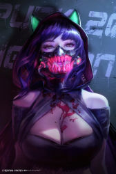 Rule 34 | 1girl, absurdres, bare shoulders, blood, blood on breasts, blood on clothes, blood on face, breasts, cape, cleavage, cleavage cutout, clothing cutout, commentary request, cyberpunk (series), cyberpunk 2077, highres, hood, large breasts, looking at viewer, mask, medium hair, mouth mask, multicolored eyes, open mouth, pink lips, purple hair, sharp teeth, solo, teeth, tian zi (artist), tongue, tongue out, translation request