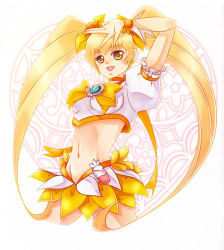 Rule 34 | 10s, 1girl, an mochigusa, bad id, bad pixiv id, blonde hair, bow, brooch, cure sunshine, hair ribbon, heart, heart brooch, heartcatch precure!, long hair, magical girl, midriff, myoudouin itsuki, navel, orange bow, orange skirt, precure, ribbon, skirt, solo, twintails, v, victory pose, white background, yellow bow, yellow eyes, yellow theme