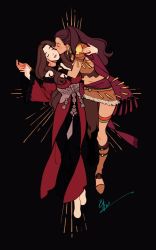 Rule 34 | 2girls, bare shoulders, black background, braid, brown hair, detached sleeves, dorothea arnault, dress, eva smith, closed eyes, fire emblem, fire emblem: three houses, full body, hand on another&#039;s cheek, hand on another&#039;s face, highres, holding hands, kiss, kissing cheek, long hair, multiple girls, nintendo, petra macneary, ponytail, purple hair, red dress, yuri