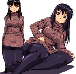 Rule 34 | 1girl, black hair, black pantyhose, breasts, brown eyes, brown sweater, commentary request, kamisimo 90, long hair, multiple views, original, pantyhose, parted lips, ribbed sweater, shadow, sidelocks, simple background, sitting, smile, sweater, sweater girl (kamisimo 90), thighband pantyhose