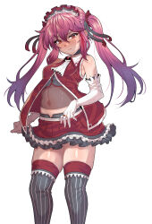 Rule 34 | 1girl, ascot, bare shoulders, blush, breasts, covered navel, elbow gloves, gloves, grey thighhighs, hair ribbon, highres, jewelry, long hair, looking at viewer, maid headdress, miniskirt, original, red eyes, red hair, red skirt, red vest, ribbon, ring, sidelocks, skirt, small breasts, solo, thighhighs, twintails, vest, wakura (gcdan), white gloves