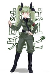 Rule 34 | 1girl, absurdres, anchovy (girls und panzer), belt, black belt, black bow, black footwear, black necktie, black shirt, bow, closed mouth, collared shirt, full body, girls und panzer, green hair, green jacket, green pants, hair bow, hand on own hip, highres, holding riding crop, jacket, long sleeves, looking at viewer, luicent, necktie, pants, red eyes, riding crop, shirt, smile, solo, twintails, wing collar