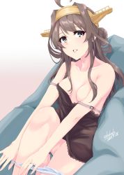 Rule 34 | 1girl, absurdres, ahoge, alakoala, alternate costume, areola slip, bare shoulders, black chemise, blue eyes, breasts, brown hair, chemise, convenient arm, double bun, hair bun, hairband, headgear, highres, jewelry, kantai collection, kongou (kancolle), kongou kai ni (kancolle), long hair, medium breasts, panties, panty pull, pulled by self, ring, solo, strap slip, underwear, underwear only, wedding band, white panties