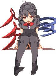 Rule 34 | 1girl, asymmetrical wings, bad id, bad twitter id, black dress, black hair, black thighhighs, bow, bowtie, dress, fang, full body, hasebe yuusaku, houjuu nue, looking at viewer, open mouth, red eyes, short hair, short sleeves, simple background, sitting, smile, solo, thighhighs, touhou, white background, wings