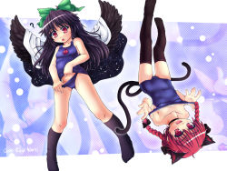 Rule 34 | 2girls, ?, animal ears, black hair, bow, braid, cape, cat ears, cat girl, cat tail, clothes pull, etogami kazuya, female focus, hair ribbon, highres, kaenbyou rin, long hair, multiple girls, multiple tails, one-piece swimsuit, one-piece swimsuit pull, pulling own clothes, red eyes, red hair, reiuji utsuho, ribbon, school swimsuit, school swimsuit flap, short hair, socks, strap pull, swimsuit, tail, thighhighs, touhou, twin braids, twintails, wallpaper, wings, zoom layer