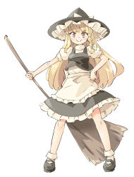 Rule 34 | 1girl, apron, arnest, black dress, black footwear, blonde hair, bow, braid, broom, closed mouth, commentary, dress, frilled dress, frills, full body, hair bow, hand on own hip, hat, hat bow, holding, holding broom, kirisame marisa, long hair, looking at viewer, mary janes, medium dress, shoes, short sleeves, side braid, simple background, single braid, smile, socks, solo, standing, touhou, v-shaped eyebrows, waist apron, white background, white bow, white socks, witch hat, yellow eyes