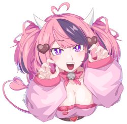 Rule 34 | 1girl, ahoge, bell, blush, bow, bowtie, breasts, bright pupils, claw pose, cleavage, commentary, demon girl, demon horns, demon tail, english commentary, grunt (tnurg), hair ornament, heart, heart ahoge, heart hair ornament, highres, horns, ironmouse, ironmouse (1st costume), jingle bell, large breasts, long hair, looking at viewer, multicolored hair, neck bell, open mouth, pink bow, pink bowtie, pink hair, purple eyes, purple hair, signature, simple background, smile, solo, streaked hair, tail, two side up, upper body, virtual youtuber, vshojo, white background, white pupils