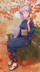 Rule 34 | 1girl, absurdres, autumn leaves, bench, closed eyes, commission, commissioner upload, falling leaves, fire emblem, fire emblem: genealogy of the holy war, fire emblem heroes, highres, holding, ishtar (fire emblem), japanese clothes, kimono, leaf, long hair, looking at viewer, nintendo, non-web source, purple eyes, purple hair, skeb commission, smile, wss (nicoseiga19993411), yukata