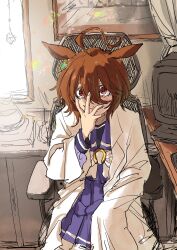 Rule 34 | 1girl, agnes tachyon (umamusume), ahoge, animal ears, bow, brown hair, chair, closed mouth, e-ncyo, earrings, evil smile, hair between eyes, hand on own face, highres, horse ears, indoors, jewelry, lab coat, long sleeves, looking at viewer, purple shirt, purple skirt, red eyes, shirt, short hair, single earring, sitting, skirt, sleeves past fingers, sleeves past wrists, smile, solo, swivel chair, umamusume