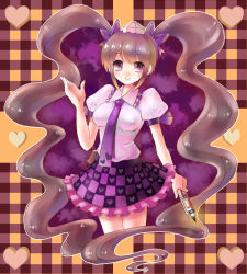 Rule 34 | 1girl, bad id, bad pixiv id, brown hair, cellphone, checkered background, checkered clothes, checkered skirt, female focus, hat, himekaidou hatate, long hair, necktie, owarine miku, phone, purple eyes, skirt, solo, tokin hat, touhou, twintails