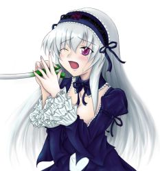 Rule 34 | 00s, 1girl, ;o, blush, breasts, cleavage, crying, detached collar, frilled sleeves, frills, gothic lolita, gr (artist), hairband, lolita fashion, lolita hairband, long hair, long sleeves, one eye closed, open mouth, pink eyes, rozen maiden, sexually suggestive, silver hair, simple background, solo, spring onion, suigintou, tears, white background, wince