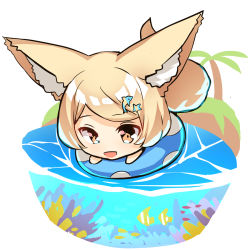 Rule 34 | 1girl, :d, animal, animal ears, blush, brown eyes, chibi, commentary request, coral, dolphin hair ornament, fish, fox ears, fox girl, fox tail, hair ornament, highres, innertube, light brown hair, looking at viewer, open mouth, original, palm tree, smile, solo, star (symbol), star hair ornament, swept bangs, swim ring, tail, tree, water, white background, yuuji (yukimimi)