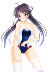 Rule 34 | 1girl, adjusting clothes, adjusting legwear, ahoge, bashen chenyue, black ribbon, blush, breasts, brown eyes, brown hair, cleavage, closed mouth, hair ribbon, highres, long hair, looking at viewer, medium breasts, memories off, one-piece swimsuit, ribbon, solo, suzuna takano, swimsuit, thighhighs, twintails, white thighhighs