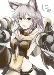 Rule 34 | 10s, 1girl, :d, animal ears, animal hands, cat ears, cat paws, claws, erune, fang, granblue fantasy, green eyes, grey hair, kz nagomiya, long hair, open mouth, sen (granblue fantasy), simple background, smile, solo, white background