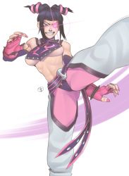 Rule 34 | 1girl, bracelet, breasts, capcom, cleavage, conto, fighting stance, fingerless gloves, gloves, glowing, glowing eye, halterneck, han juri, highres, jewelry, leg up, lens flare, nail polish, navel, purple hair, sash, solo, spiked bracelet, spikes, stomach, street fighter, street fighter iv (series), underboob